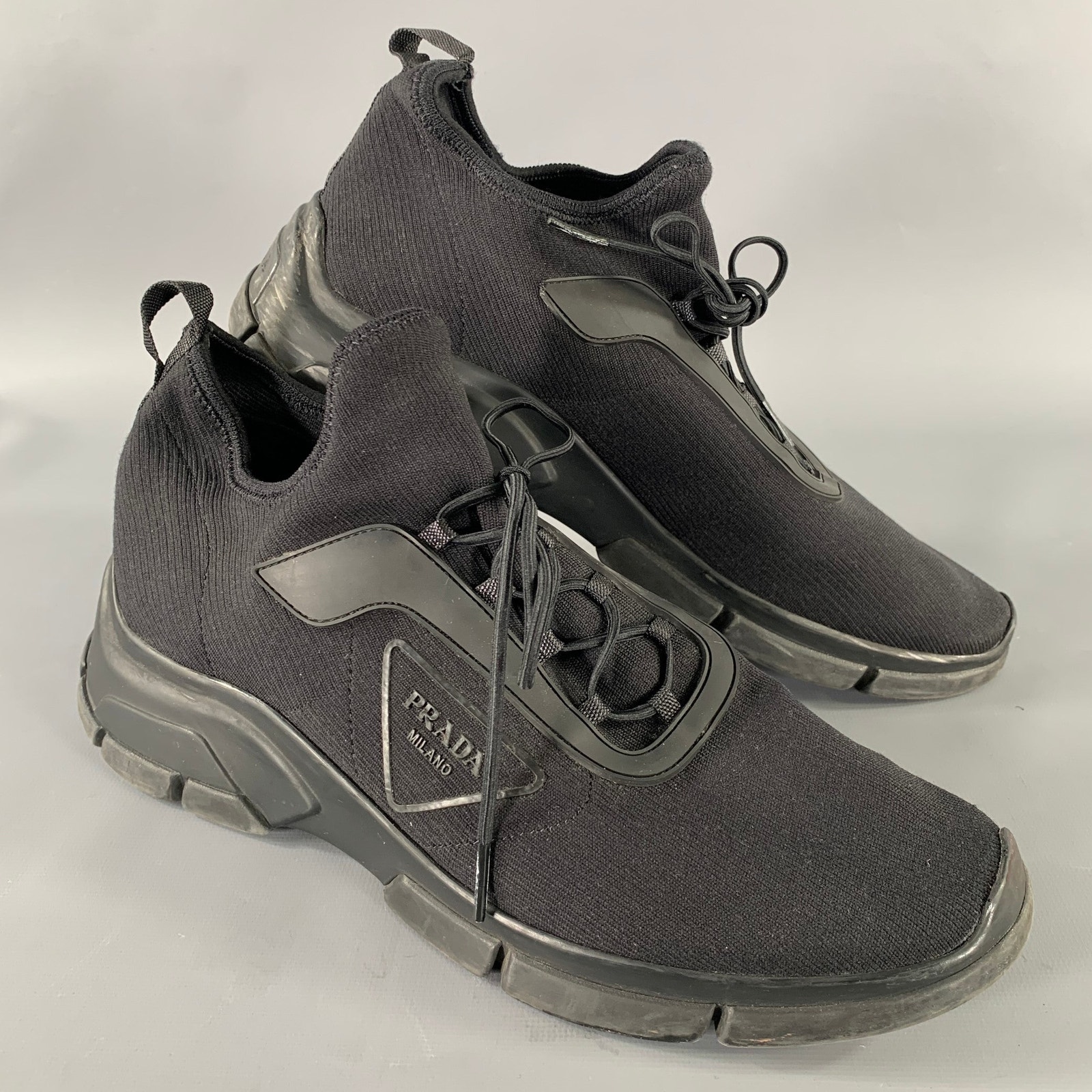 Prada Size 9 Black Logo Nylon Lace Sneakers